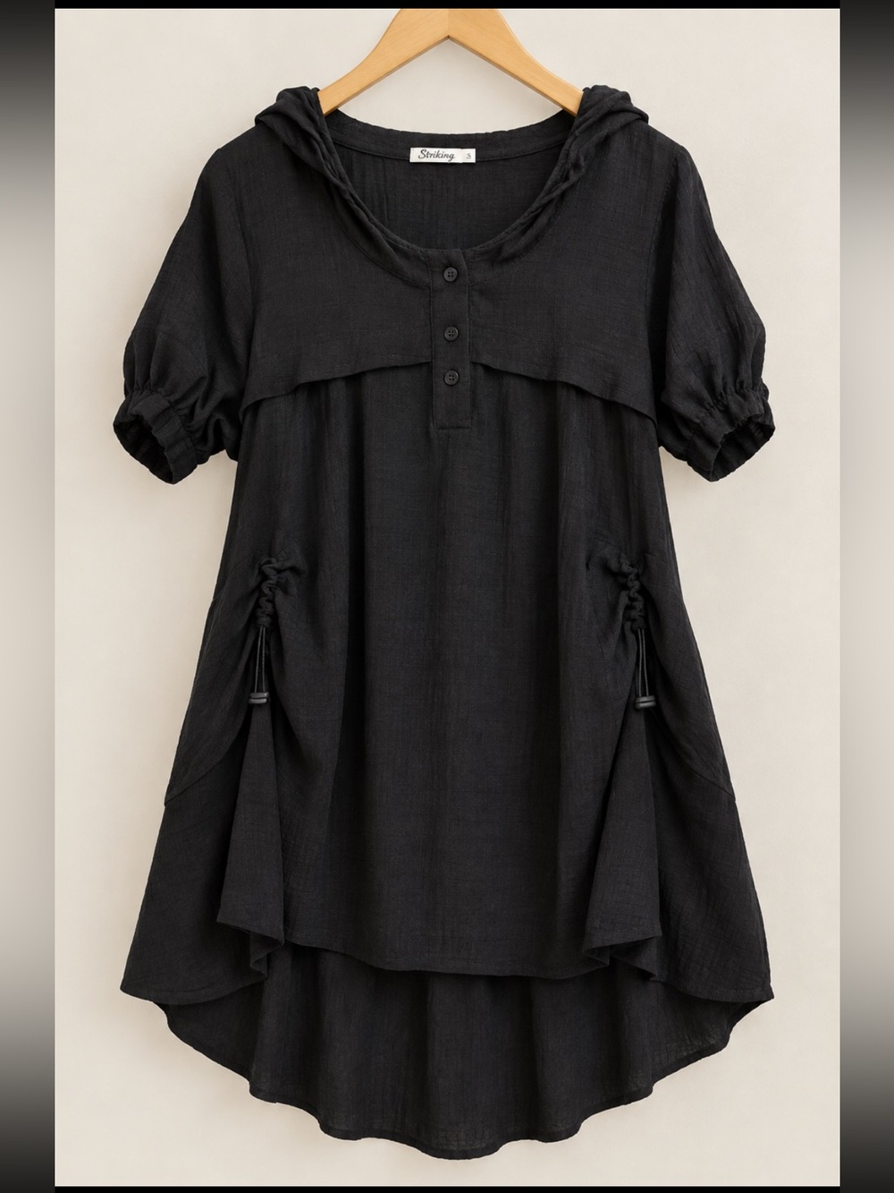 Striking Black Short Sleeve Hooded Tunic Top - Size S